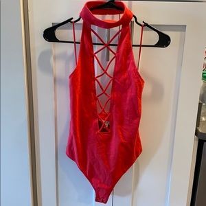 Red low cut one piece